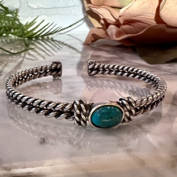 Vintage Handmade Genuine Turquoise Double Cable Cuff Bracelet Solid 925 Sterling - Picture 3 of 9
